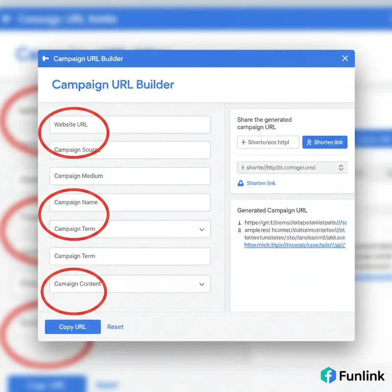 Giao diện công cụ Google Campaign URL Builder với 5 tham số UTM được khoanh đỏ để hướng dẫn người dùng.