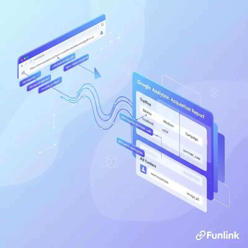 Sơ đồ 5 tham số UTM trong một URL và luồng dữ liệu truyền về báo cáo của Google Analytics.