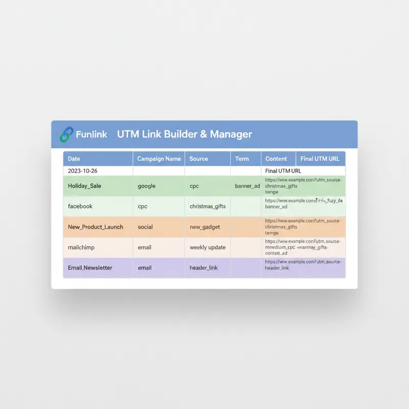 Template Google Sheet quản lý 5 tham số UTM với các cột source, medium, campaign và URL cuối cùng.