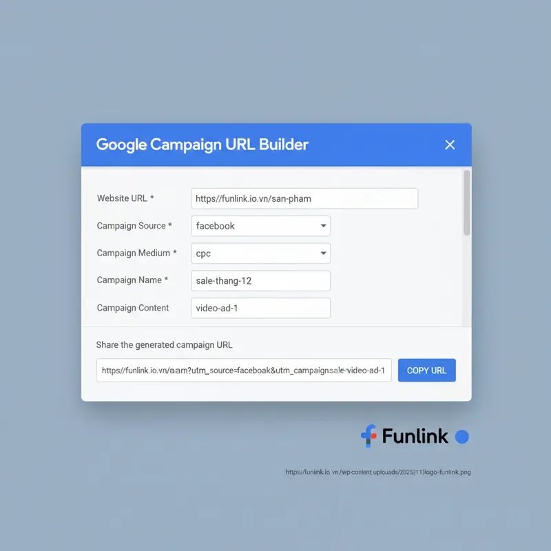 Ví dụ điền 5 tham số UTM trong Campaign URL Builder cho chiến dịch quảng cáo Facebook.