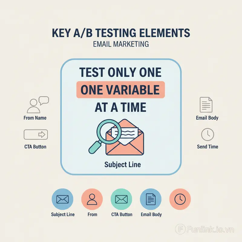 Infographic các yếu tố cần A/B testing trong email marketing như tiêu đề, CTA, và tên người gửi.