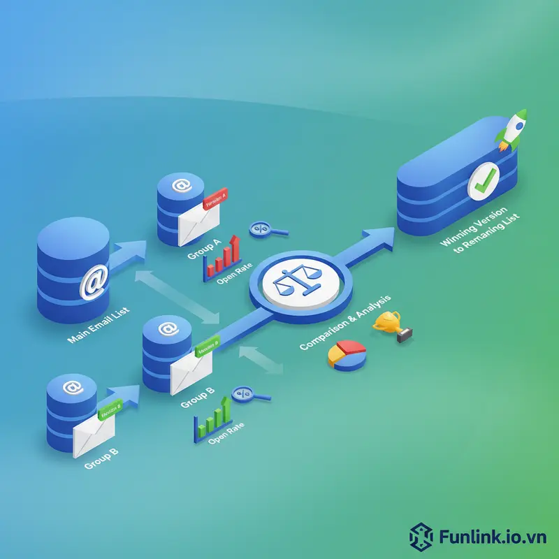 Sơ đồ quy trình A/B testing trong email marketing với hai phiên bản A và B được gửi đi để so sánh.