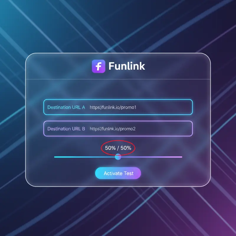 Giao diện thiết lập A/B testing với shortlink, phân bổ traffic 50/50 cho hai link đích.