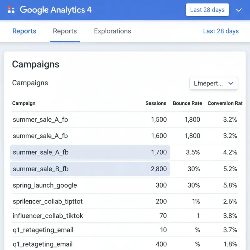 Ảnh chụp màn hình báo cáo Google Analytics cho A/B testing bằng link rút gọn, so sánh hiệu quả hai chiến dịch.