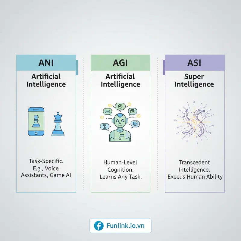 Sơ đồ giải thích AGI là gì qua 3 cấp độ AI: ANI (hẹp), AGI (tổng hợp), và ASI (siêu trí tuệ).