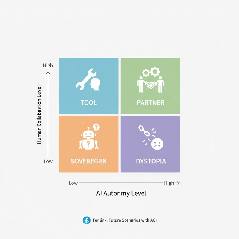 Sơ đồ 2x2 phân tích 4 kịch bản tương lai khi AGI là gì trở thành hiện thực, dựa trên mức độ tự chủ và hợp tác.