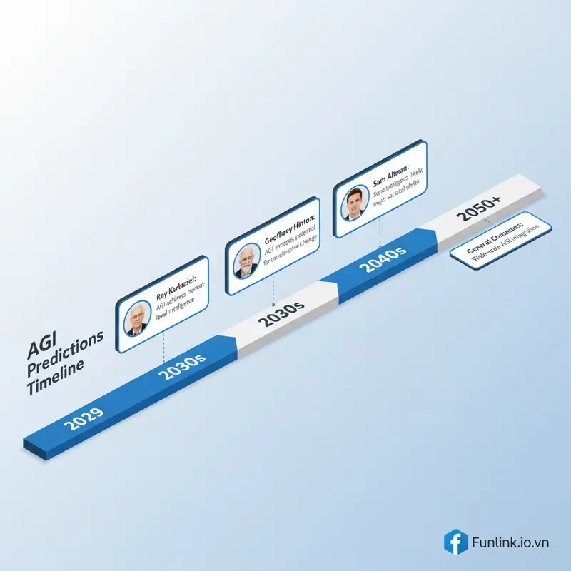 Infographic timeline thể hiện các dự báo khi nào AGI xuất hiện từ các chuyên gia công nghệ hàng đầu.