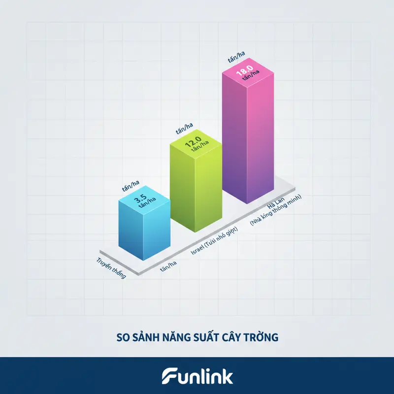 Biểu đồ so sánh năng suất nông nghiệp chính xác của Israel, Hà Lan với mô hình truyền thống, minh họa hiệu quả của Agritech.