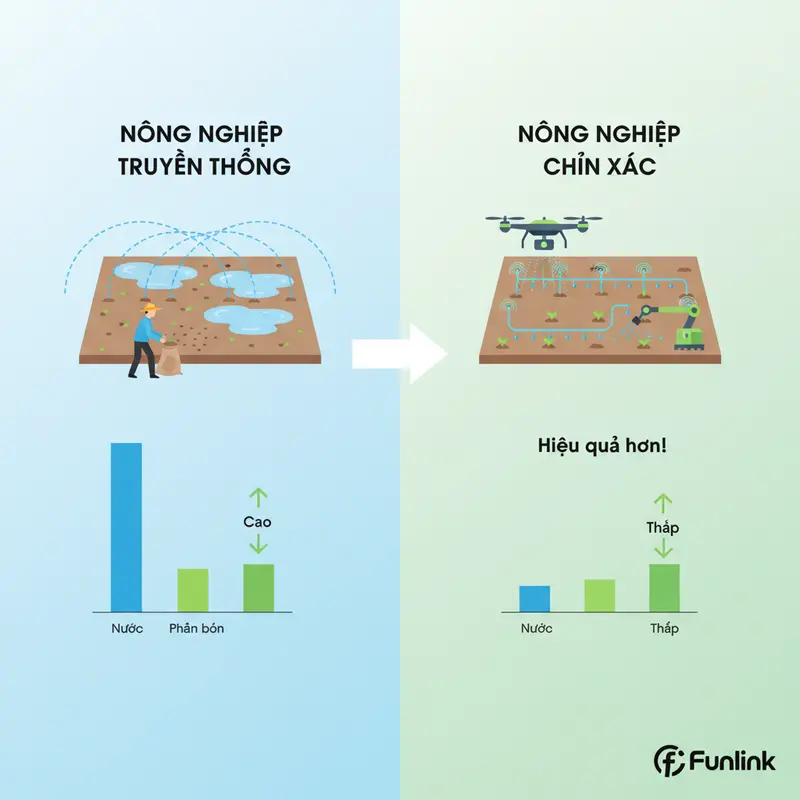 Infographic so sánh nông nghiệp chính xác với nông nghiệp truyền thống, làm nổi bật hiệu quả của Agritech.