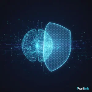 AI trong an ninh mạng - hình ảnh một bộ não kỹ thuật số phát sáng màu xanh dương, tượng trưng cho trí tuệ nhân tạo bảo vệ một tấm khiên an ninh.