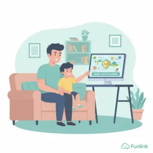 Quy tắc an toàn trên mạng cho trẻ em - hình ảnh cha mẹ hướng dẫn con sử dụng máy tính an toàn.