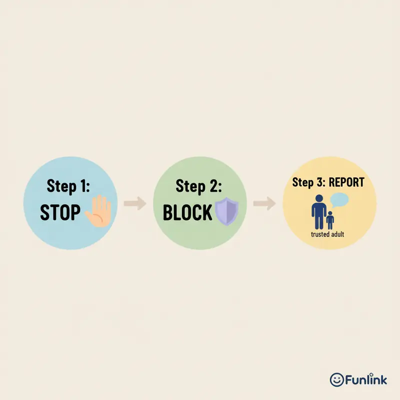 Sơ đồ 3 bước xử lý khi bị bắt nạt online để đảm bảo an toàn trên mạng: Dừng lại, Chặn, Báo cáo.