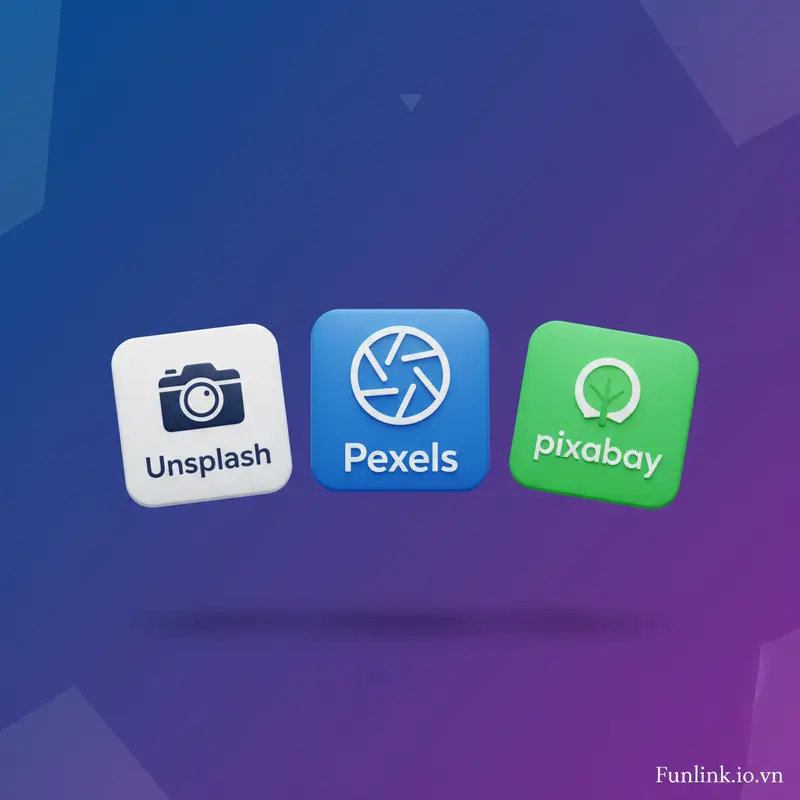 Logo các trang web cung cấp ảnh miễn phí bản quyền hàng đầu: Unsplash, Pexels, Pixabay.