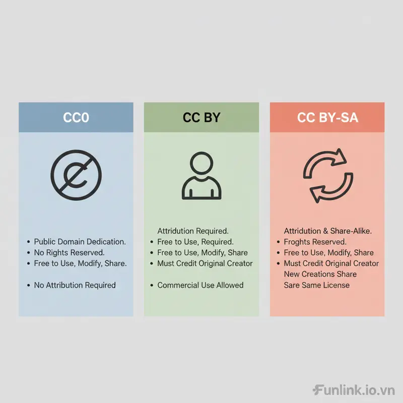 Infographic so sánh các giấy phép ảnh miễn phí bản quyền Creative Commons (CC0, CC BY, CC BY-SA).