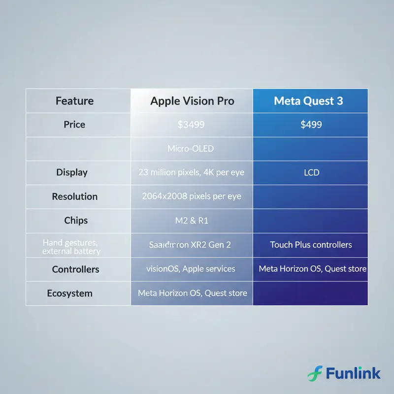 Bảng so sánh chi tiết Apple Vision Pro và Meta Quest 3 về giá, thông số và tính năng cốt lõi.