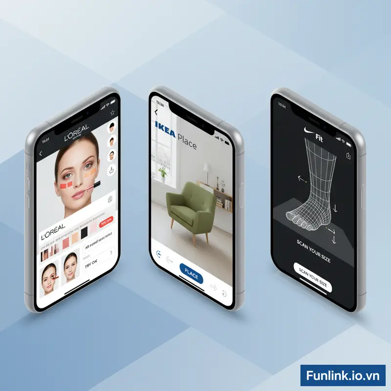 Ví dụ về AR trong bán lẻ qua giao diện ứng dụng của L'Oreal, IKEA, và Nike Fit.