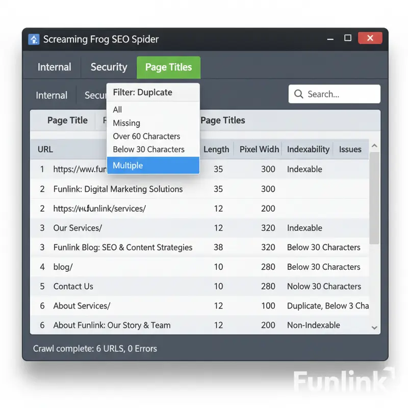 Sử dụng bộ lọc Page Titles để audit website bằng Screaming Frog, tìm title thiếu hoặc trùng lặp