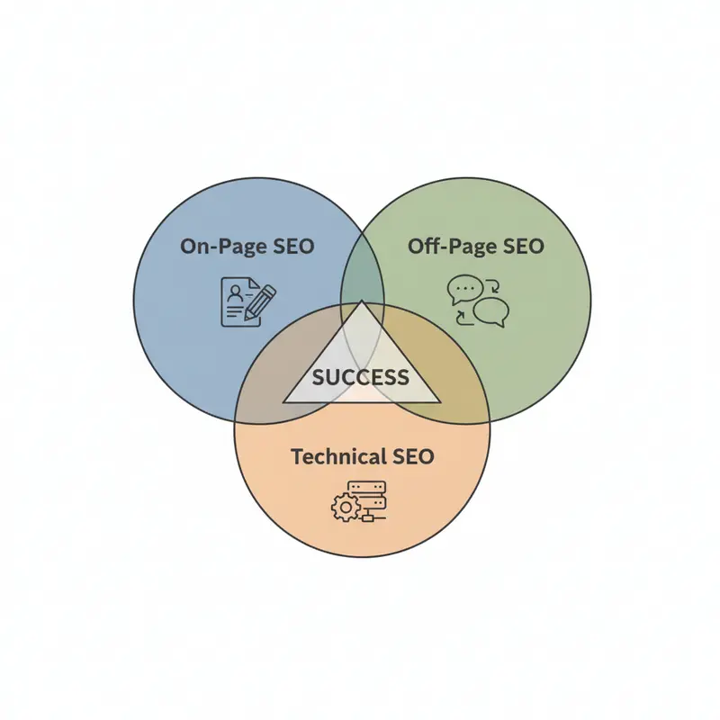 Sơ đồ 3 yếu tố cốt lõi của SEO: On-page, Off-page và Technical