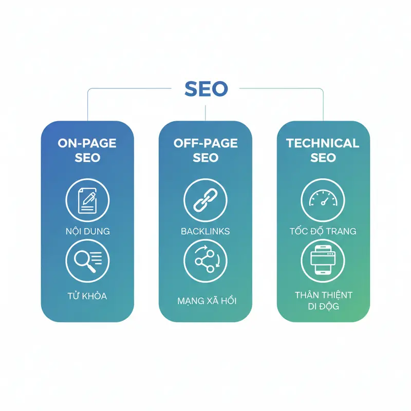 Sơ đồ 3 trụ cột của SEO: SEO On-page, SEO Off-page, và SEO Kỹ thuật.