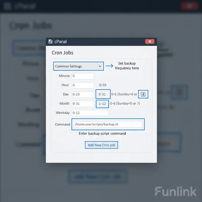 Giao diện cấu hình Cron Job để backup dữ liệu website tự động trong cPanel.