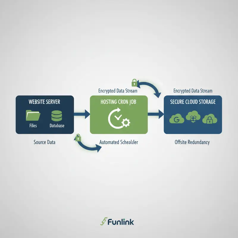 Sơ đồ luồng backup dữ liệu website tự động từ server đến lưu trữ đám mây an toàn.