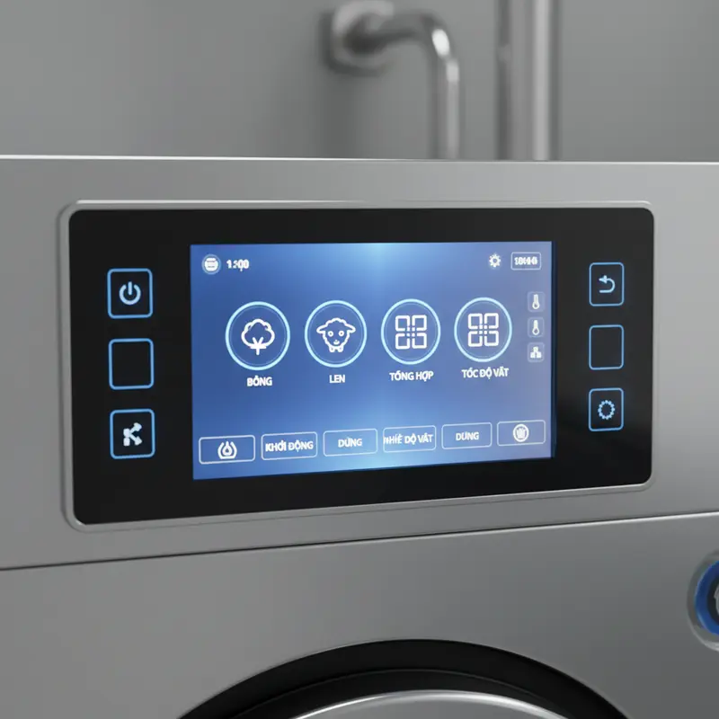 Bảng điều khiển máy giặt công nghiệp hiện đại với nhiều chương trình giặt