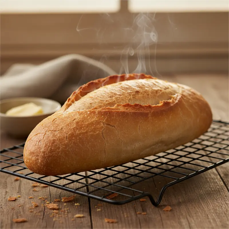 Một ổ bánh mì Việt Nam nóng hổi, vàng giòn rụm vừa được lấy ra khỏi lò nướng.