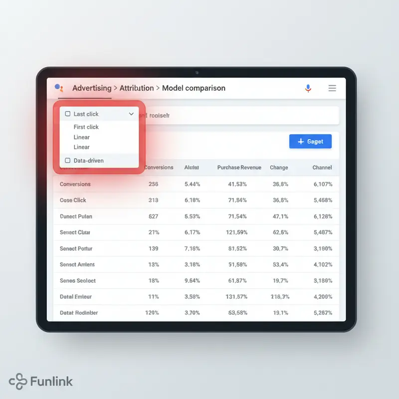 Giao diện báo cáo so sánh các attribution model trong Google Analytics 4 để chọn mô hình phù hợp.