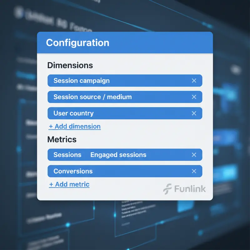 Cấu hình Dimensions và Metrics cho báo cáo UTM trên Looker Studio với các trường như Session campaign và Sessions.