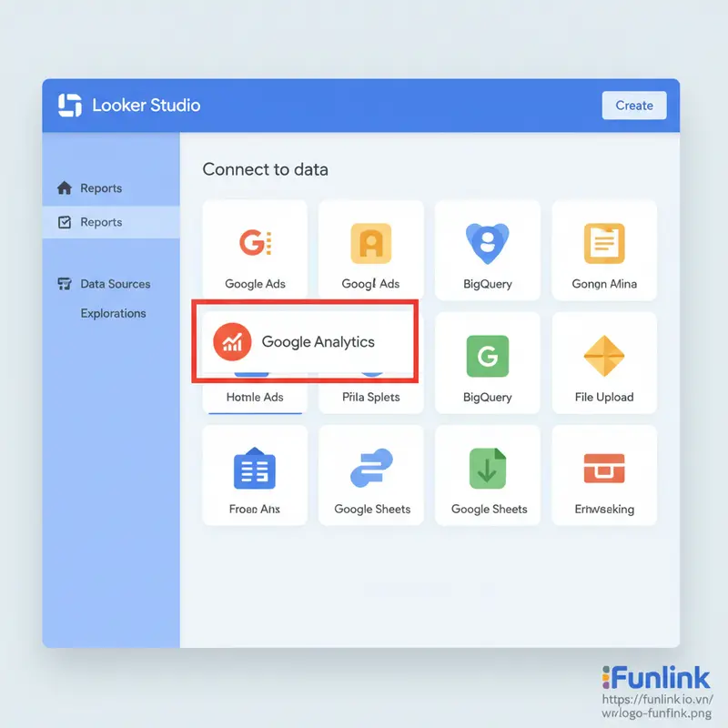Giao diện Looker Studio hiển thị cách chọn connector Google Analytics để tạo báo cáo UTM.