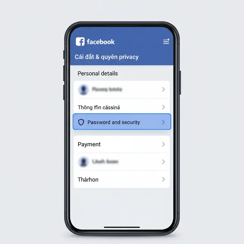 Menu cài đặt Facebook với mục 'Mật khẩu và bảo mật' được làm nổi bật để kích hoạt bảo mật 2 lớp.