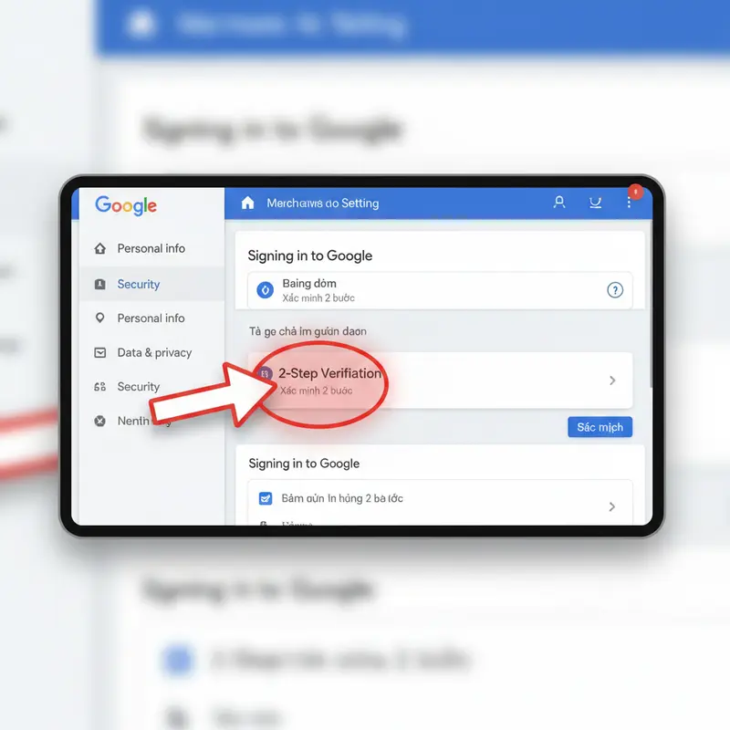Giao diện cài đặt bảo mật 2 lớp của Google với mục 'Xác minh 2 bước' được khoanh đỏ.