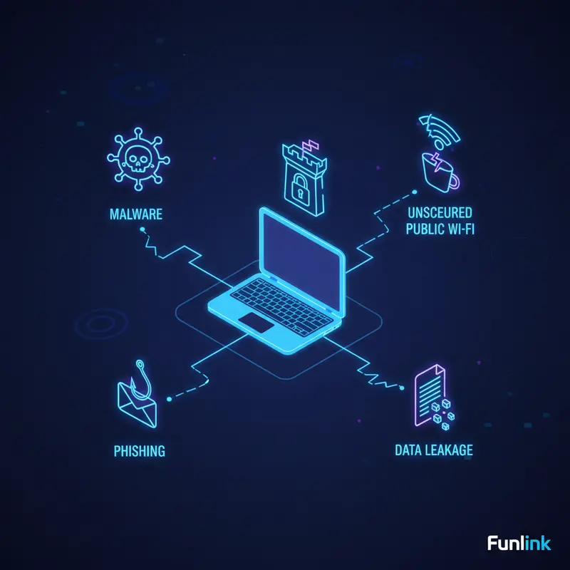 Sơ đồ các mối đe dọa bảo mật làm việc từ xa khi nhân viên dùng thiết bị cá nhân BYOD.