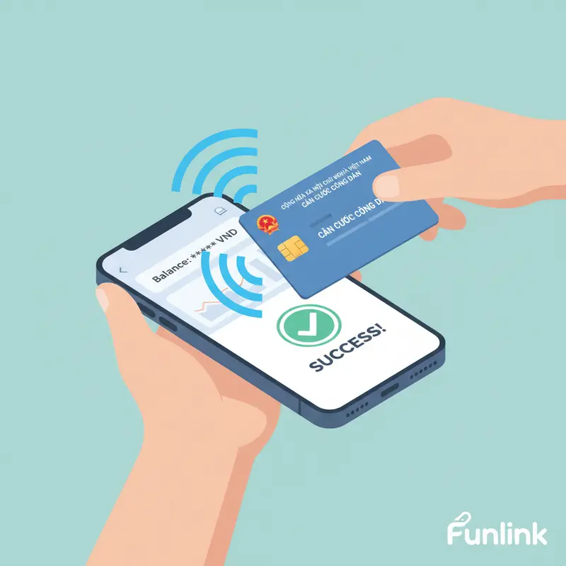 Mô phỏng quét NFC CCCD gắn chip trên điện thoại để cập nhật bảo mật sinh trắc học ngân hàng.