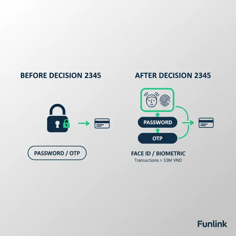 Infographic so sánh bảo mật sinh trắc học ngân hàng trước và sau Quyết định 2345, cho thấy lớp bảo vệ mới.