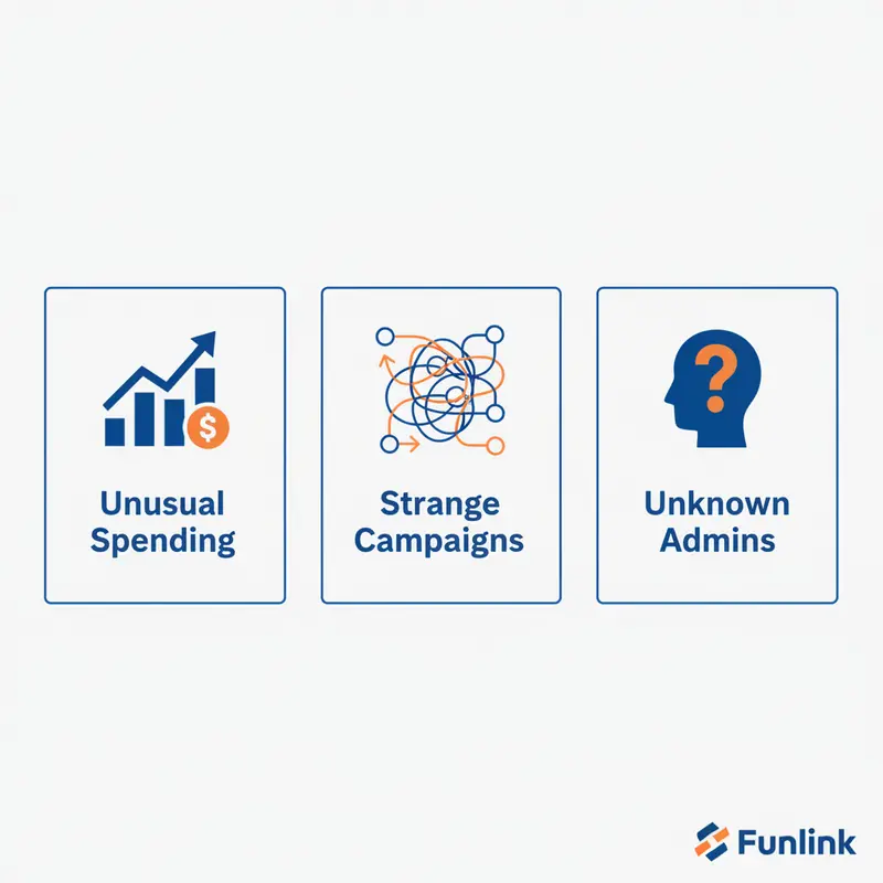 Infographic các dấu hiệu cảnh báo cần bảo mật tài khoản quảng cáo ngay: chi tiêu bất thường và quản trị viên lạ.