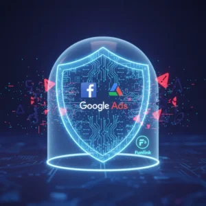 Bảo mật tài khoản quảng cáo Facebook và Google - hình ảnh một chiếc khiên kỹ thuật số bảo vệ các icon quảng cáo.
