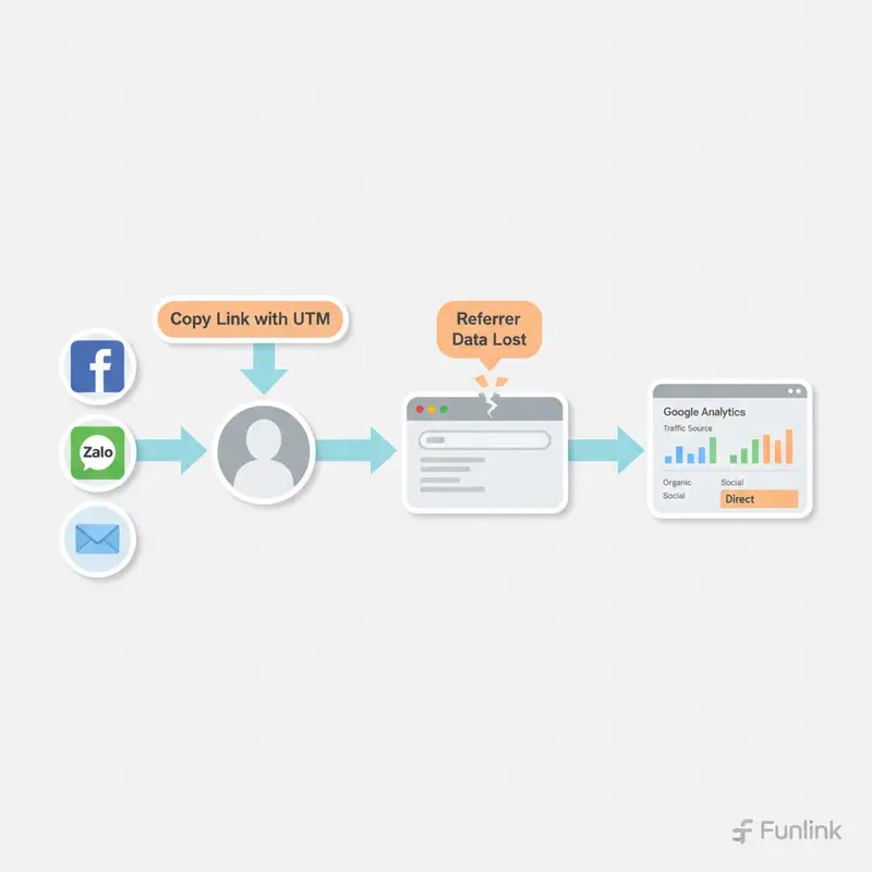 Sơ đồ minh họa vấn đề bảo mật UTM - luồng dữ liệu bị mất referrer khi chia sẻ link qua app, gây ra traffic Direct.