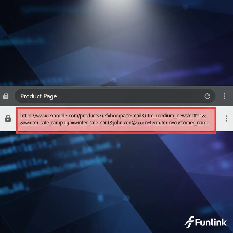 Ví dụ về rủi ro bảo mật UTM - một URL chứa thông tin định danh cá nhân (PII) như email khách hàng trong tham số.