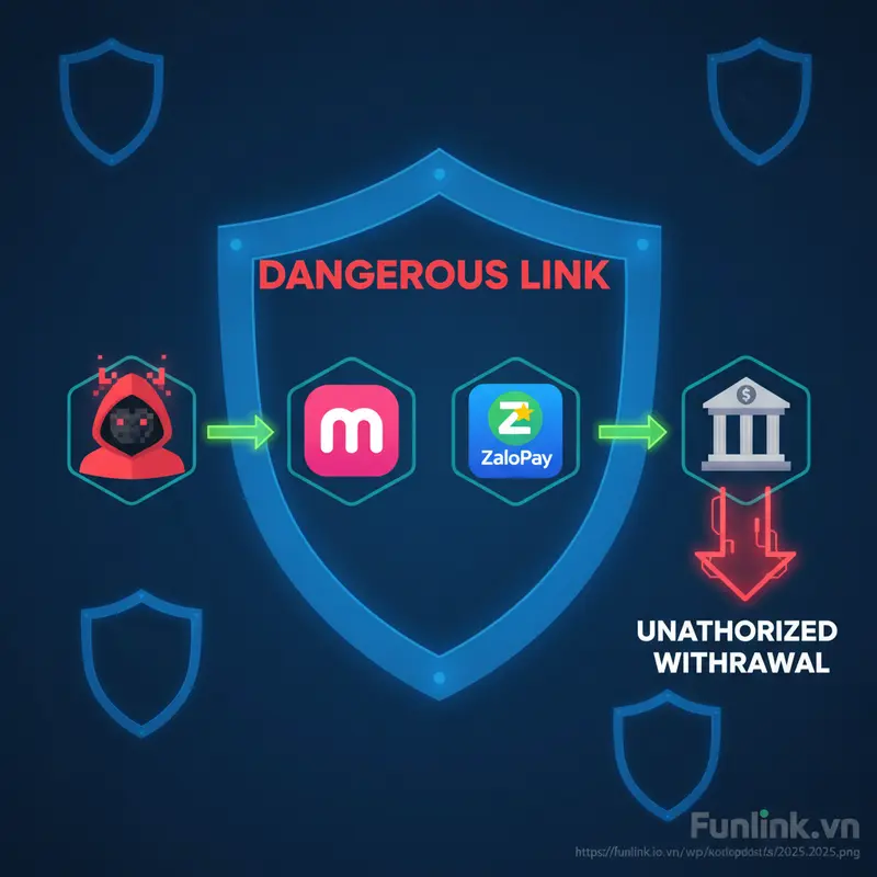 Sơ đồ rủi ro bảo mật ví điện tử: hacker tấn công ví MoMo, ZaloPay để rút tiền từ tài khoản ngân hàng.