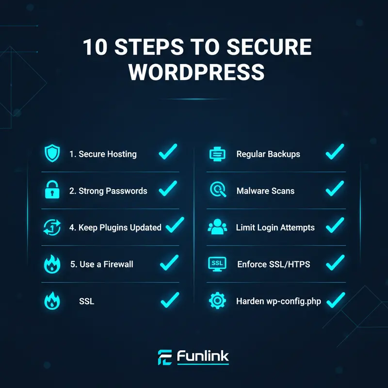 Checklist tóm tắt 10 bước cần thực hiện để bảo mật website WordPress một cách toàn diện.