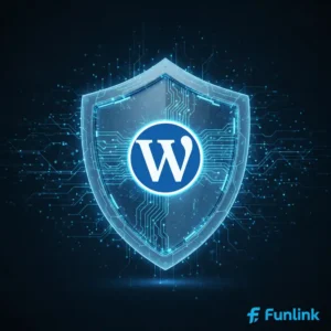 Bảo mật website WordPress toàn diện với hình ảnh một chiếc khiên kỹ thuật số đang bảo vệ logo WordPress.