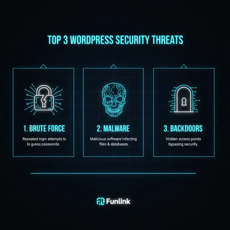 Infographic các mối đe dọa bảo mật website WordPress phổ biến như tấn công Brute Force, Malware và Backdoors.