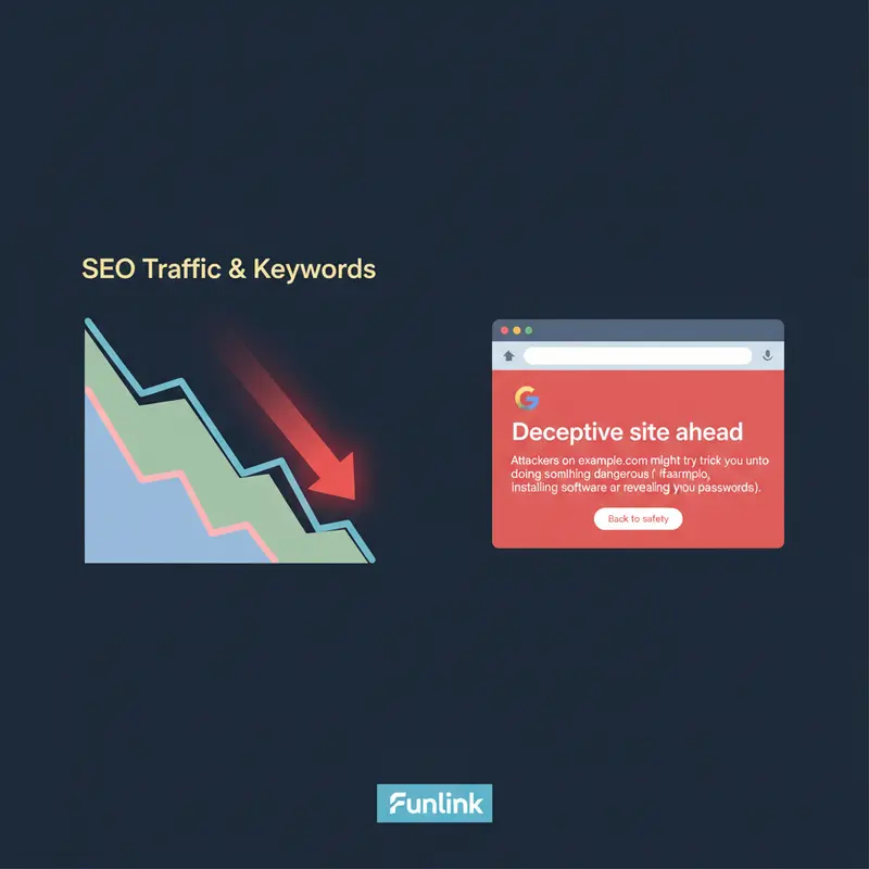 Infographic về rủi ro bảo mật website WordPress, thể hiện biểu đồ traffic SEO sụt giảm mạnh và cảnh báo trang web lừa đảo từ Google.