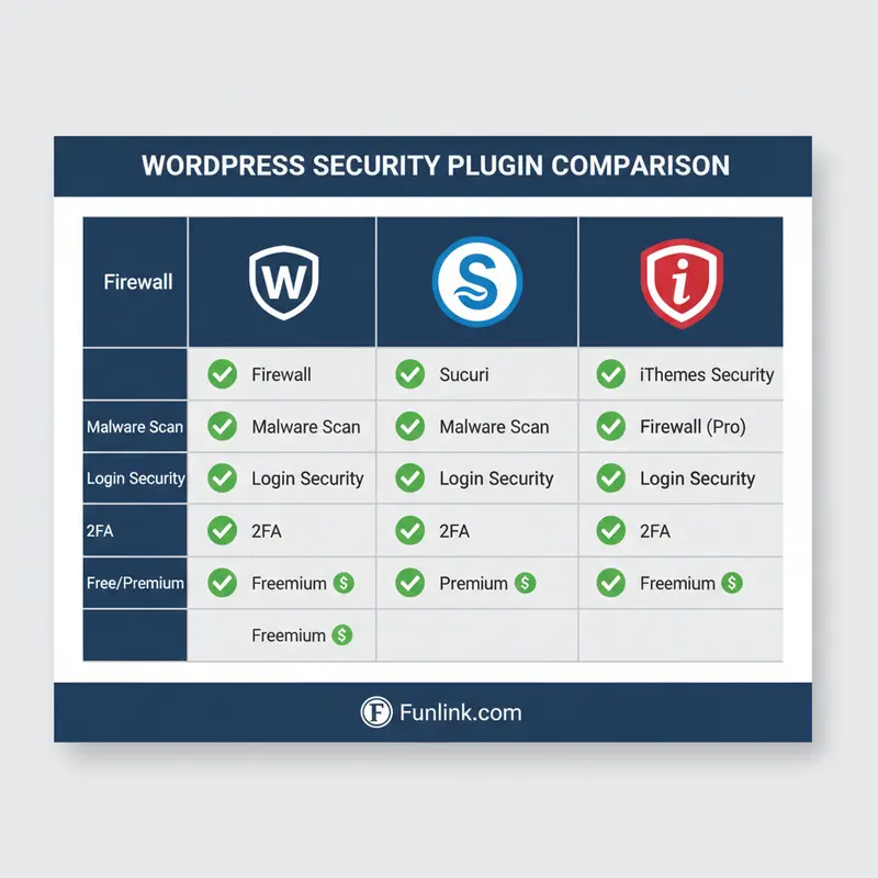 Bảng so sánh chi tiết tính năng của các plugin bảo mật website WordPress: Wordfence, Sucuri, và iThemes Security.