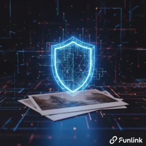 Một chiếc khiên bảo vệ kỹ thuật số đang che chắn cho một bức ảnh, minh họa cho việc bảo vệ bản quyền hình ảnh.