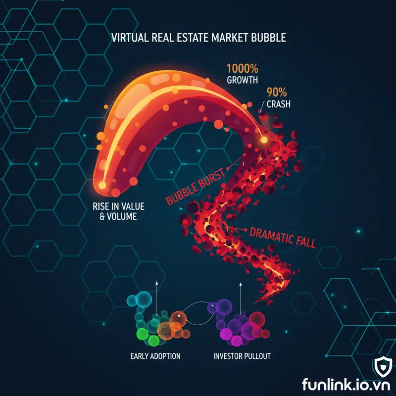 Biểu đồ minh họa rủi ro bong bóng của thị trường bất động sản ảo, cho thấy sự sụt giảm thanh khoản.