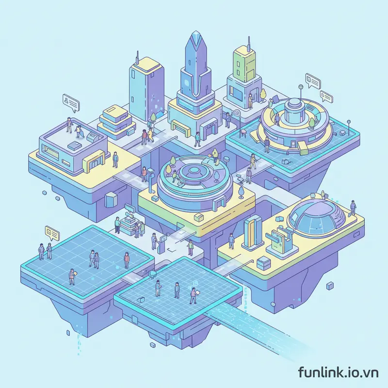 Minh họa khái niệm bất động sản ảo với các lô đất kỹ thuật số trong một thành phố Metaverse.