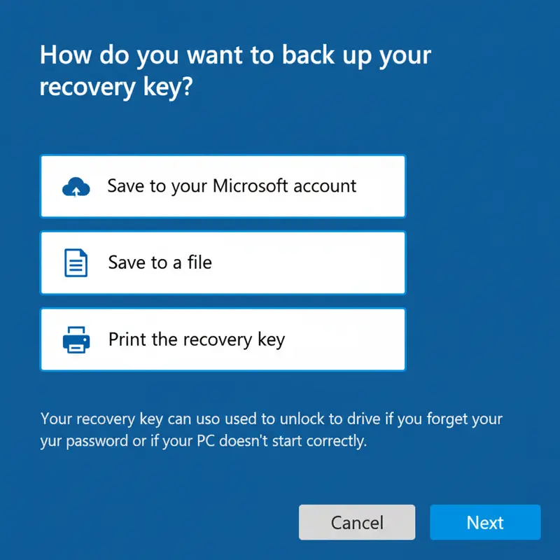 Các tùy chọn sao lưu khóa khôi phục khi bật mã hóa BitLocker, bao gồm lưu vào tài khoản Microsoft và lưu ra file.