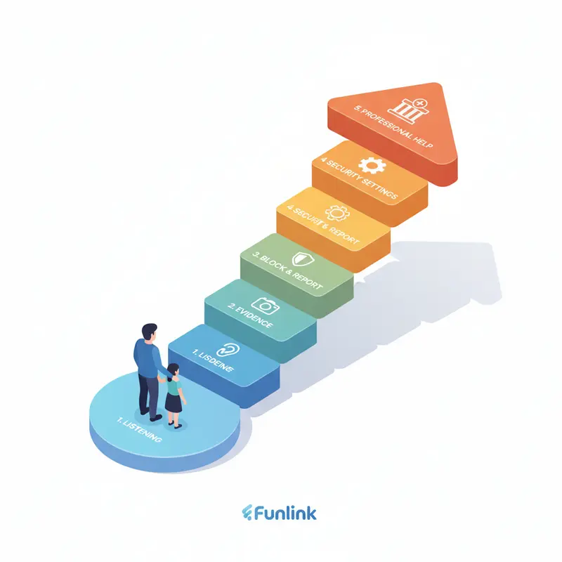 5 bước xử lý vấn đề con trẻ bị bắt nạt trên mạng, minh họa bằng các biểu tượng.